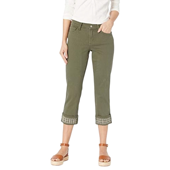 NYDJ Dayla Wide Cuff Capri Jeans Olive Green Embroidered Denim Petite 4P - Picture 2 of 9
